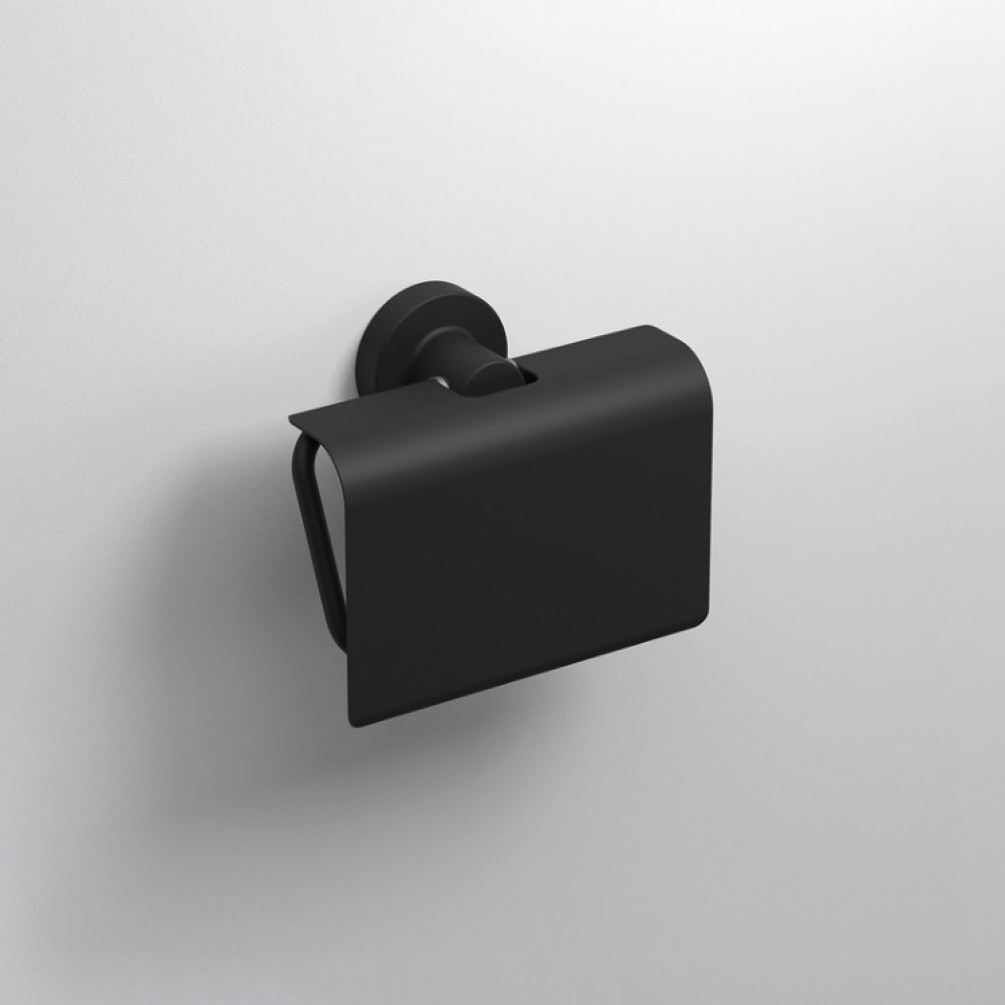 Close up product image of the Origins Living Tecno Project Black Toilet Roll Holder with Flap